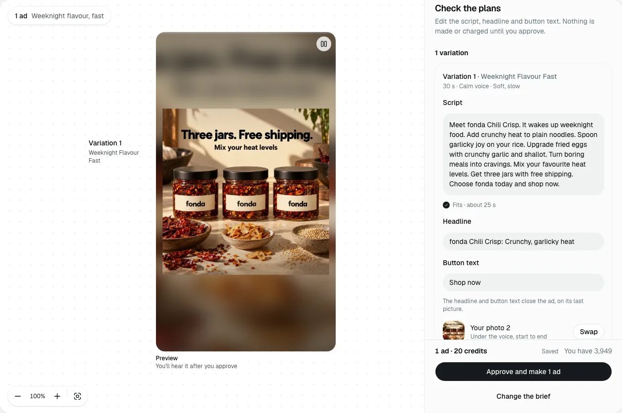Check the plans for one audio ad: the script with Fits · about 25 s under it, the headline, the button text, the product photo with Swap, and Approve and make 1 ad with its price.