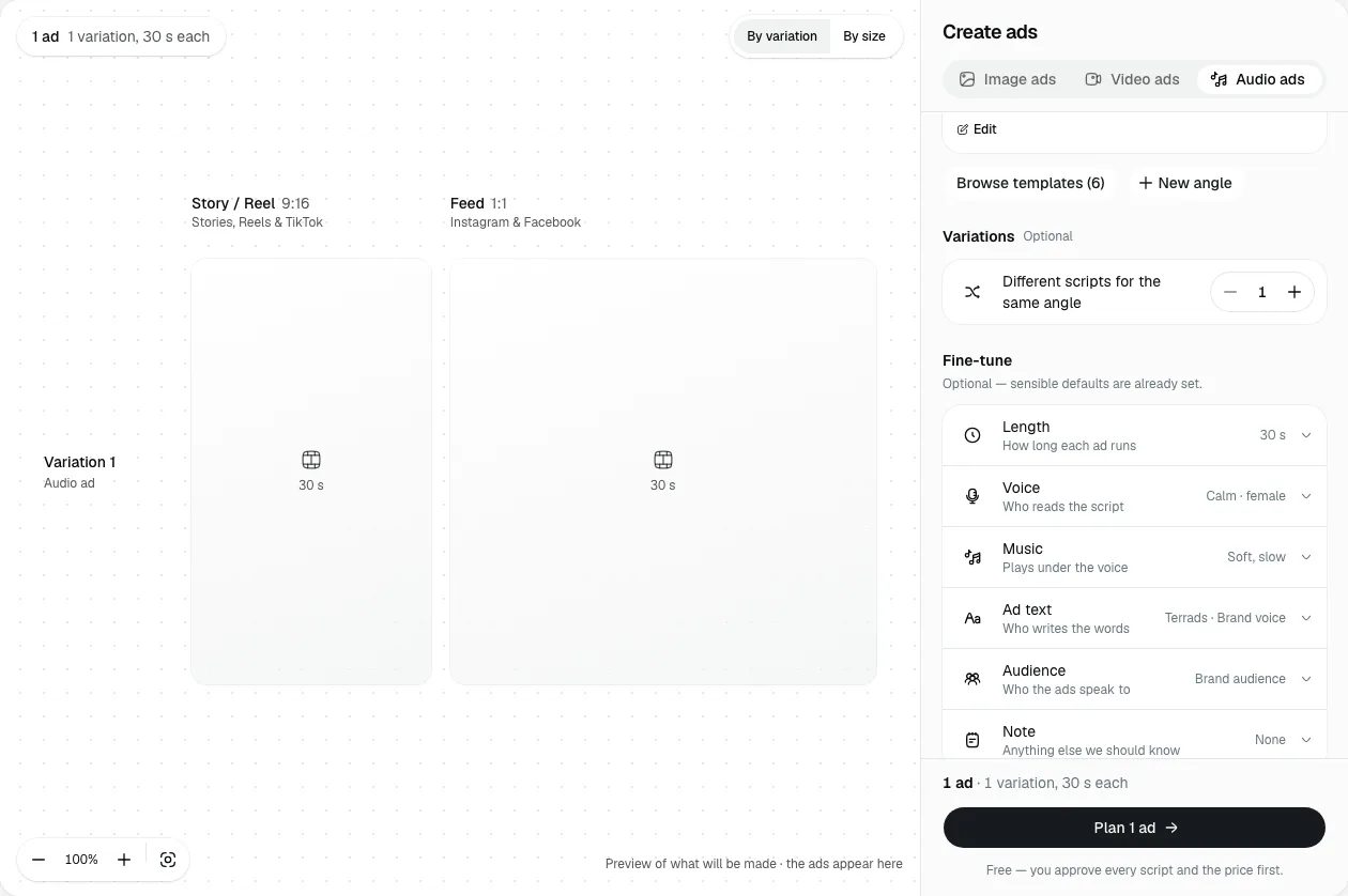 The Create page on Audio ads: one variation laid out as a 9:16 and a 1:1 ad of 30 s each, and the panel's Fine-tune rows for Length, Voice, Music, Ad text, Audience and Note above the Plan button.