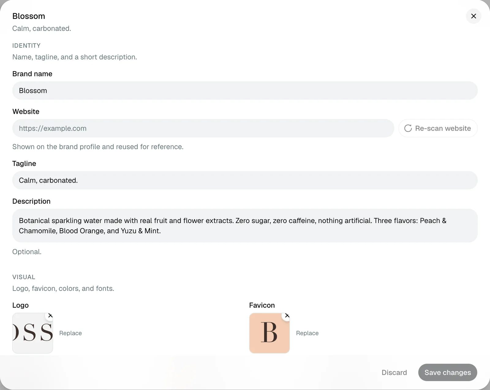 The brand editor: brand name, website with a Re-scan website button, tagline, description, then the logo and favicon.