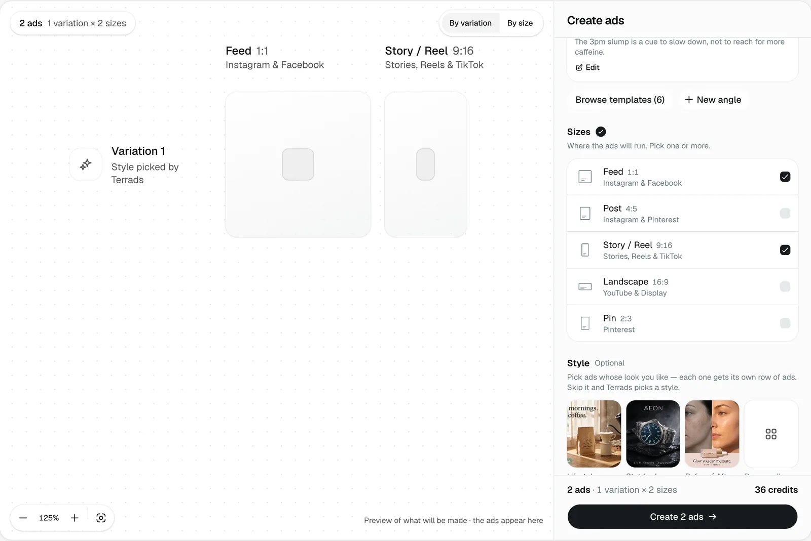 The Create page: the brief panel on the right with a product, an angle and two sizes picked, and the empty ads laid out on the board.
