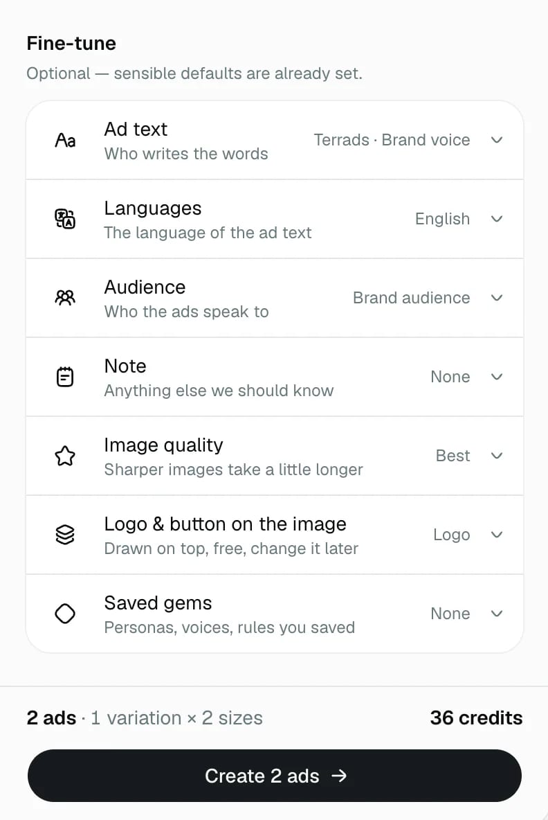 The bottom of the brief panel: the Fine-tune options, then the number of ads and their total price above the Create button.