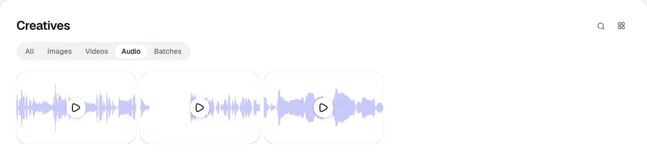 Creatives on the Audio filter: three audio tiles, each a waveform with a play button.