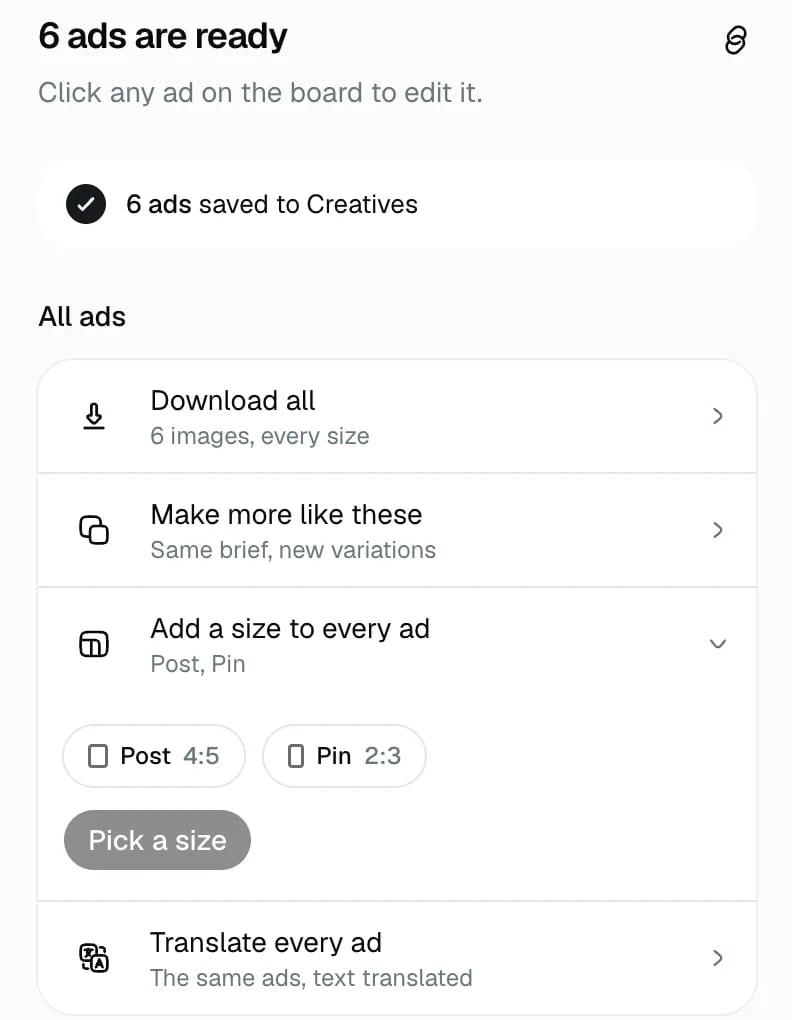 The finished batch's panel with Add a size to every ad open, offering Post 4:5 and Pin 2:3.