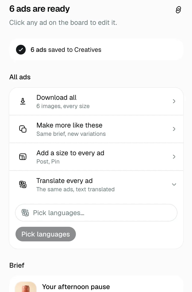 The finished batch's panel with Translate every ad open, listing the languages to pick.