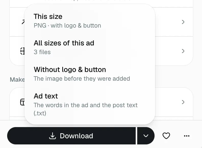 The download menu: This size, All sizes of this ad, Without logo and button, and Ad text.