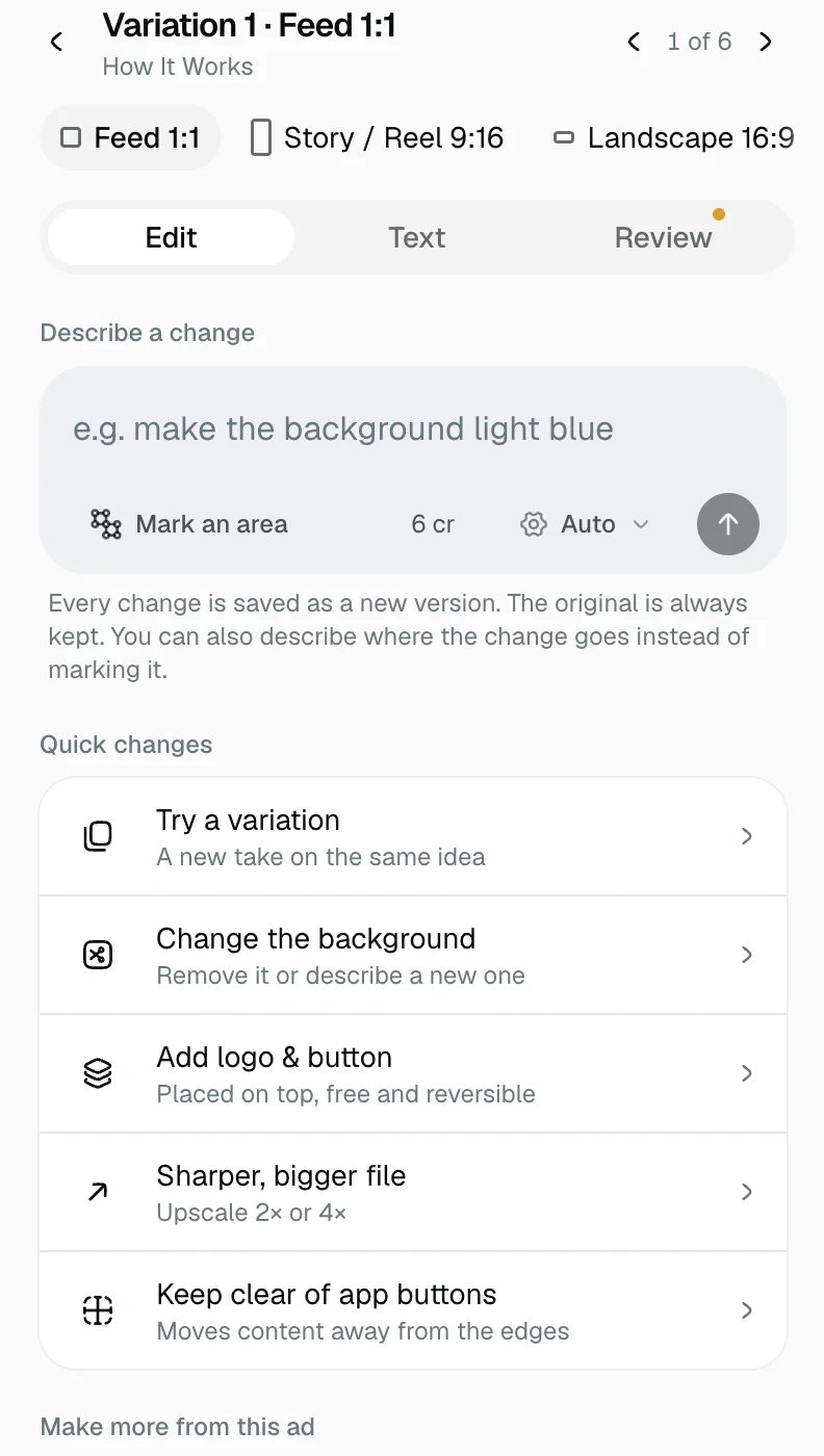 The Edit tab of an open ad: a Describe a change box with Mark an area, the price and the send button, and the quick changes below.