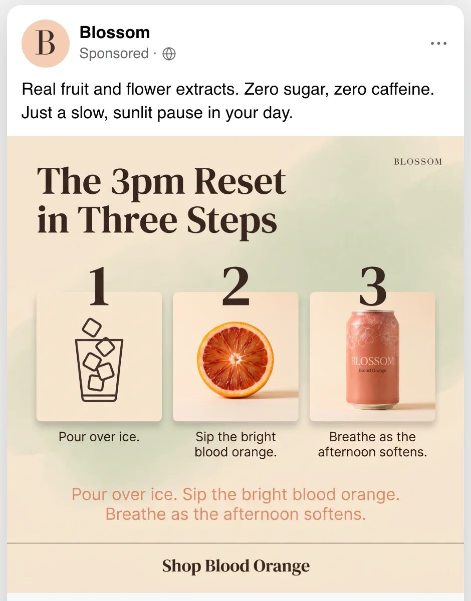 The platform preview: the ad shown as a sponsored Facebook post with the brand name, the post text above it and the headline below.