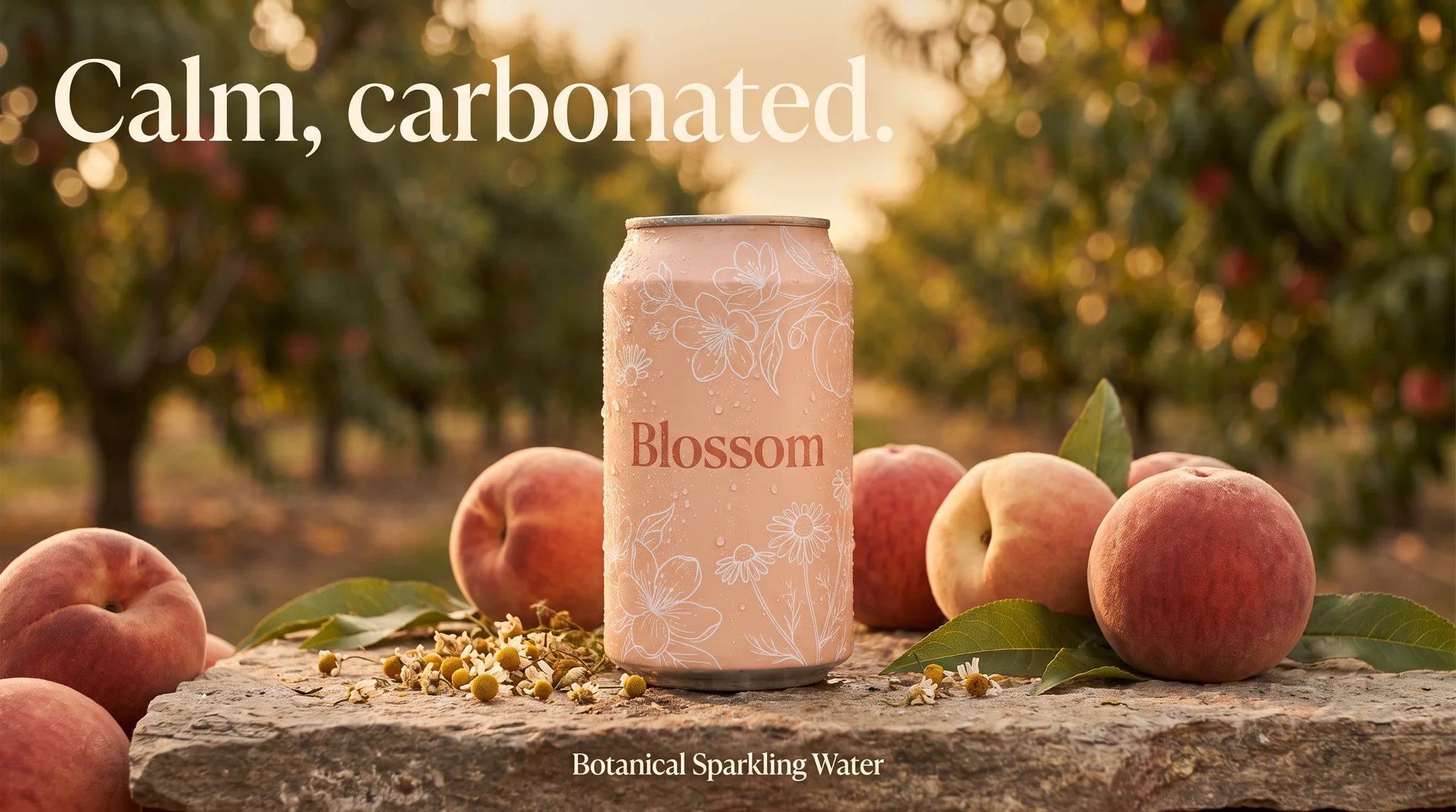 Example ad generated with Terrads: Blossom sparkling-water can on a stone slab in a sunlit peach orchard, headline “Calm, carbonated.”