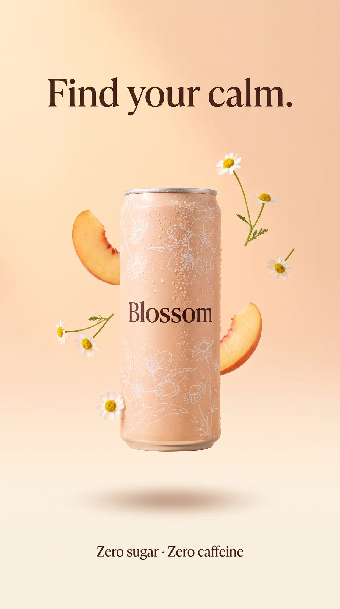 Example story ad generated with Terrads: Blossom can floating over a peach gradient with suspended fruit, headline “Find your calm.”