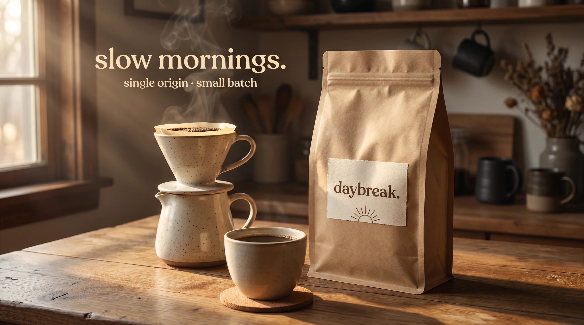 Example ad generated with Terrads: Daybreak kraft coffee bag beside a steaming ceramic pour-over in low golden kitchen light, headline “slow mornings. — single origin · small batch”