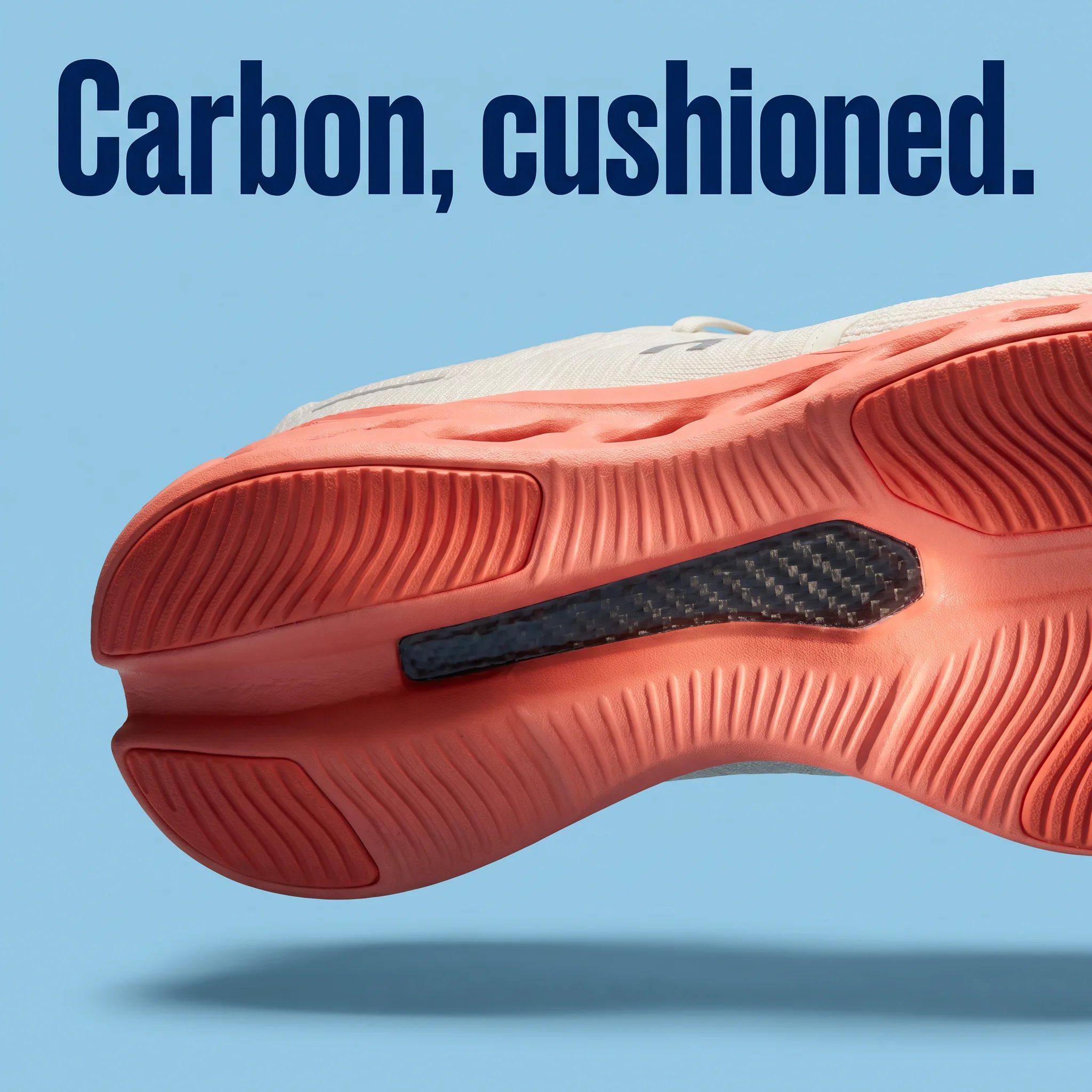 Example ad generated with Terrads: macro of the Run Cloud coral foam sole on sky blue, headline “Carbon, cushioned.”