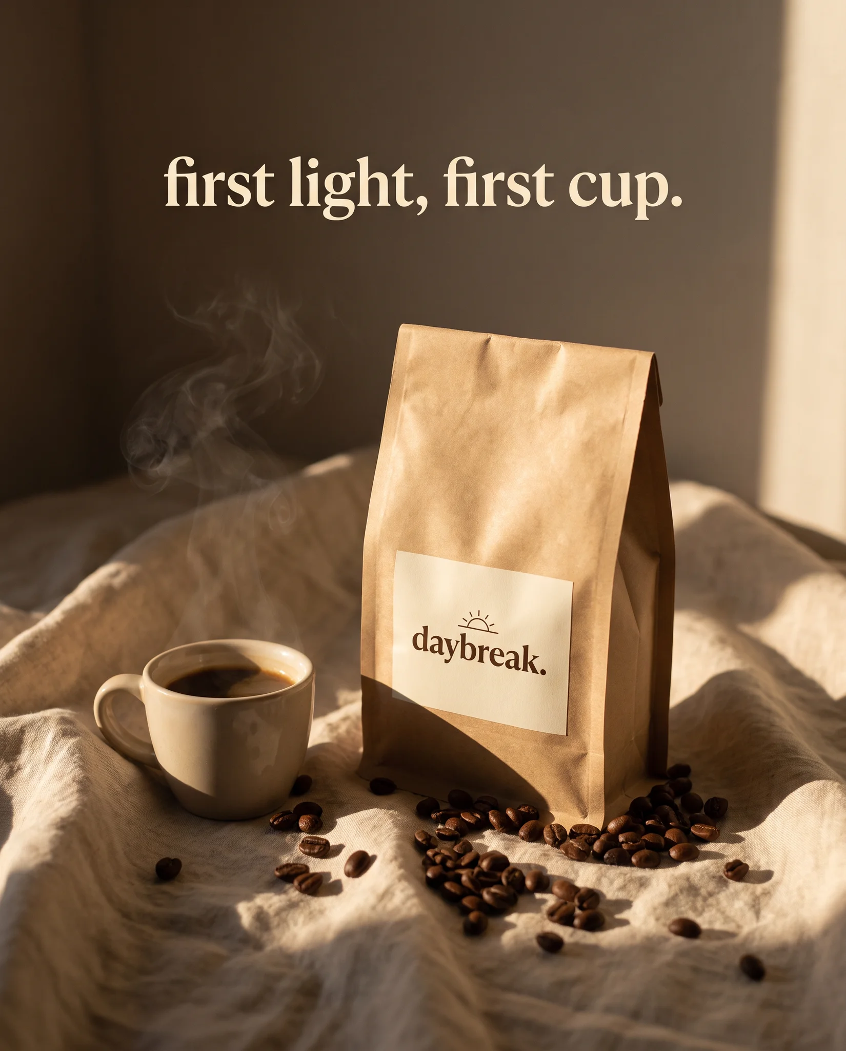 Example ad generated with terrads: Daybreak bag on cream linen with scattered roasted beans and an espresso cup in hard morning sun, headline “first light, first cup.”