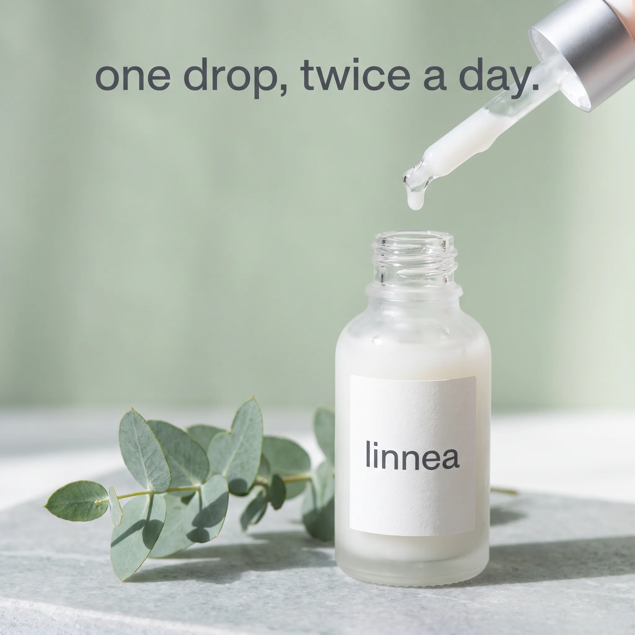 Example ad generated with terrads: macro of a milky serum drop falling from a glass dropper into the Linnea bottle on pale sage, headline “one drop, twice a day.”