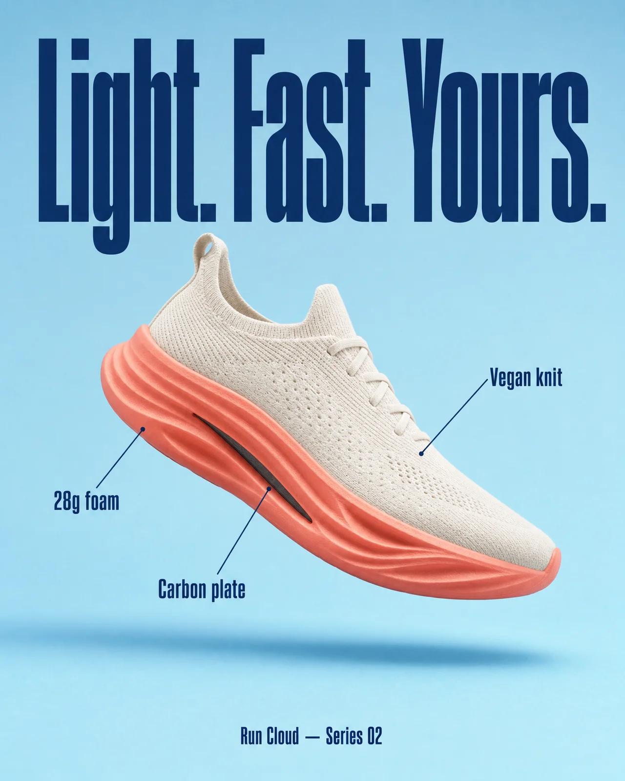 Example ad generated with terrads: Run Cloud shoe floating on sky blue with spec callouts — vegan knit, 28 g foam, carbon plate — headline “Light. Fast. Yours.”